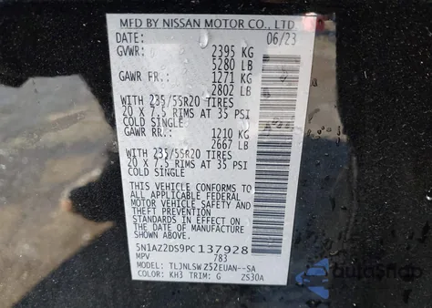 2023 Nissan Murano Platinum Intelligent Awd from USA, damaged, VIN 5N1AZ2DS9PC137928